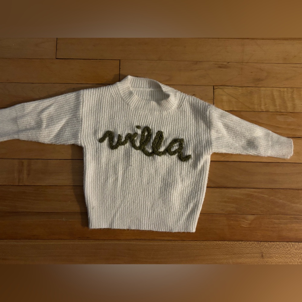 Willa Monogrammed White Sweater with Green Text